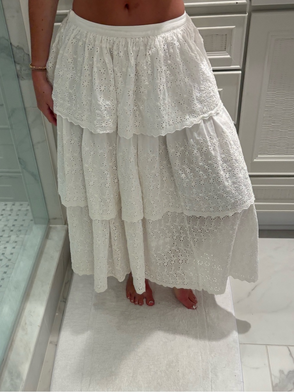 LoveShackFancy White Tiered ruffled Eyelet Skirt